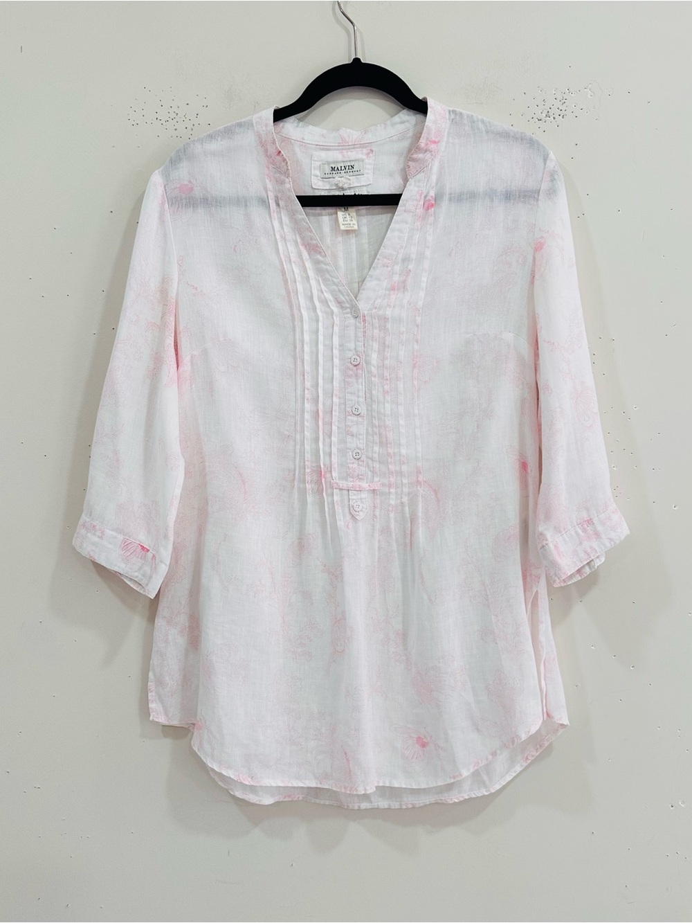 MALVIN Hamburg Germany White Pink Tie Dye 100% Linen Pleated Tunic Blouse Size M